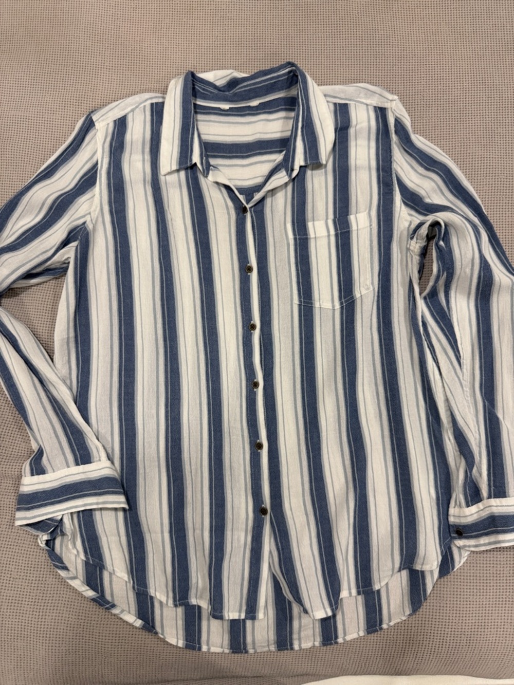 Women’s Blue and White Striped Button-Up Shirt
